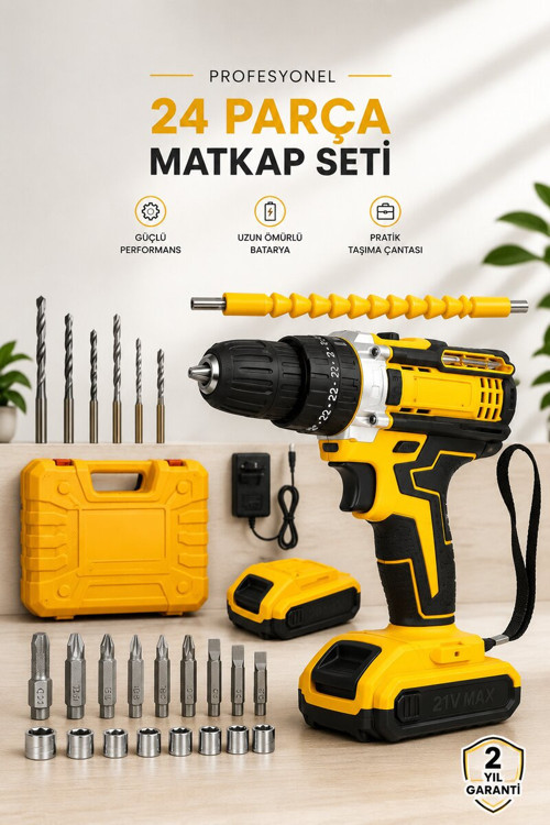 24 Parça Çift Bataryalı Şarjlı Matkap Seti 24W Motor ve Otomatik Mil Kilitli Ta - EGECEN4715-4