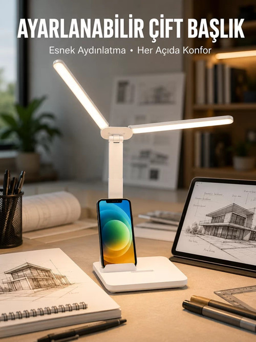 ® Ayarlanabilir Kısılabilir LED Masa Lambası | Entegre Kalemlik ve Telefon Tutucu Özellikli Y