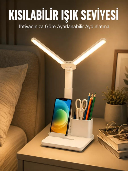 ® Kısılabilir LED Masa Lambası – Kalemlik Telefon Standı ve Okuma Işığı Bir Arada Yeni Nesil