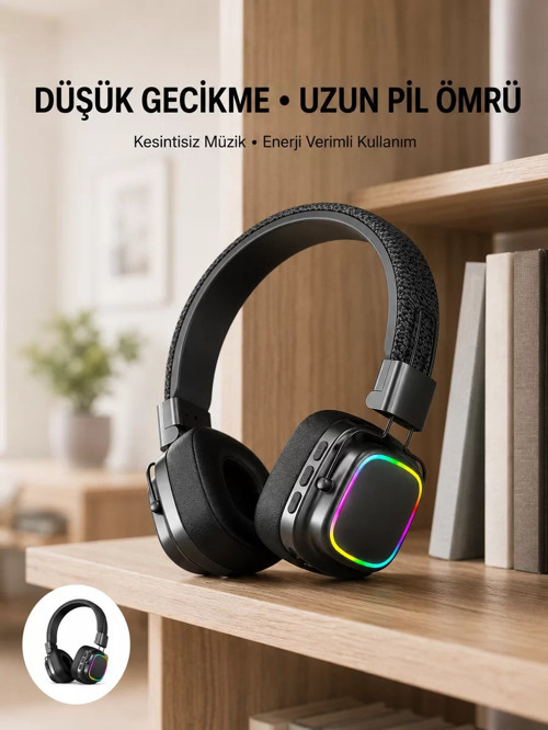 ® Bluetooth 5.3 Rainbow Işıklı Kulak Üstü Kablosuz Kulaklık Yeni Nesil