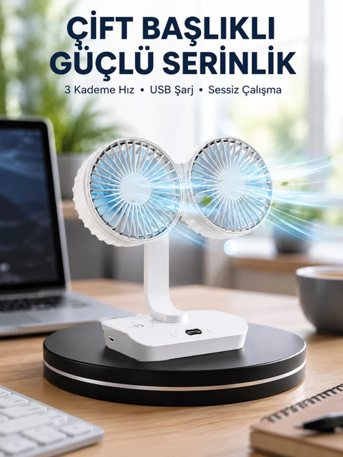 ® Sessiz Çalışan USB Şarjlı Çift Kafalı Masaüstü Fan – Ev ve Ofis İçin