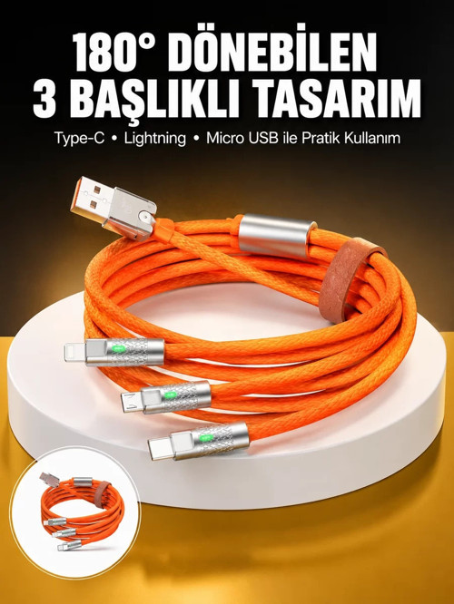 ® 120W 3 İn 1 Uyumlu Silikon Şarj Kablosu Hızlı Şarj Kablosu