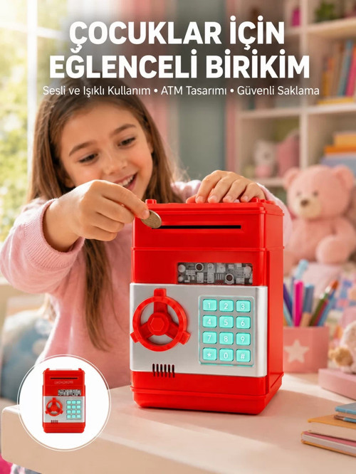 ® Kırmızı ATM Kasa Tipi Para Biriktirme Kumbarası