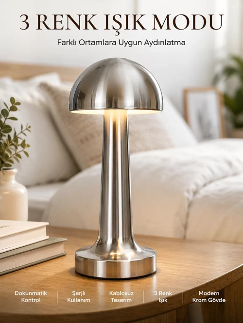 ® Modern Mantar Masa Lambası Dokunmatik 3 Işık Modlu Şarjlı Kablosuz LED Yeni Nesil