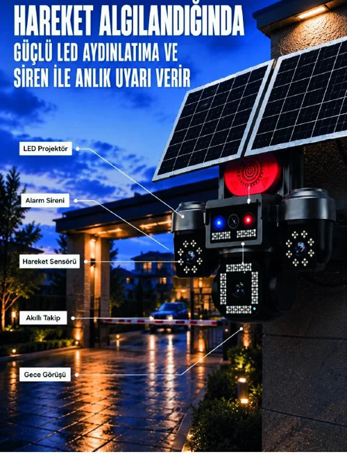 ® 4 Kameralı 4G SIM Kart Destekli Güneş Enerjili Akıllı Güvenlik Kamerası