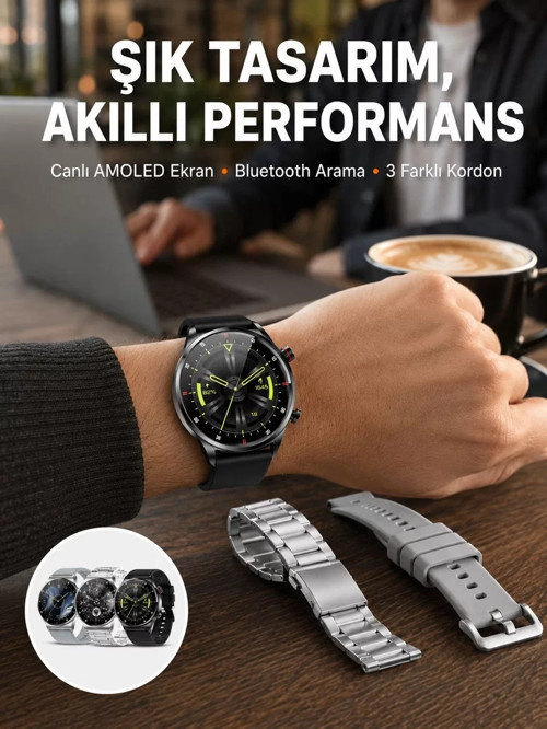® Akıllı Saat Çoklu Kordon Seçeneği Amoled Ekran Çok Fonksiyonlu Bluetooth Bağlantılı Yeni Ne