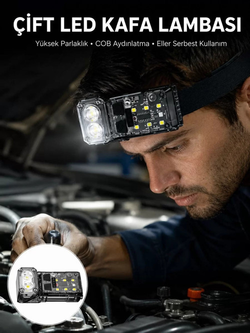 ® 3 Fonksiyonlu LED Far El Feneri Çalışma Lambası Uzun Pil Ömürlü Yeni Nesil
