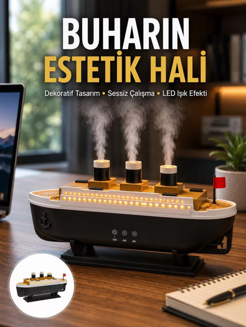 ® Dekoratif Gemi Modeli 7 Renk Işıklı Hava Nemlendirici ve Oda Kokusu Difüzörü Yeni Nesil