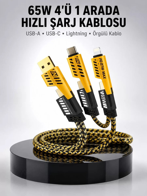 ® 65W 4'ü 1 Arada Çoklu Şarj Kablosu – USB-C USB-A Lightning Veri ve Şarj Desteği Yeni Nesil