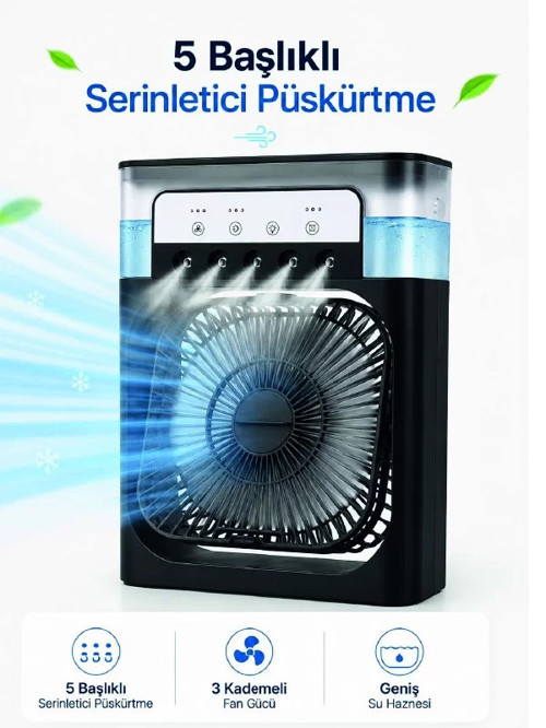 ® Modern Püskürtmeli Masaüstü Fan Geniş Su Haznesi 5 Sis Çıkışı 3 Kademe Fan Gücü
