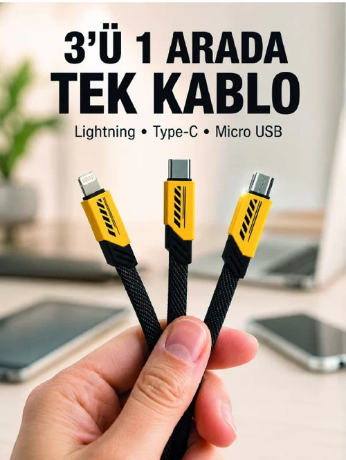® 3'lü Şarj Kablosu Hızlı Şarj Destekli Dayanıklı Örgü USB Kablo
