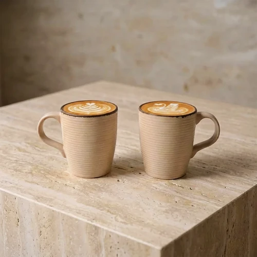 Bej Rölyef Desenli 2li Porselen Mug Bardak Seti