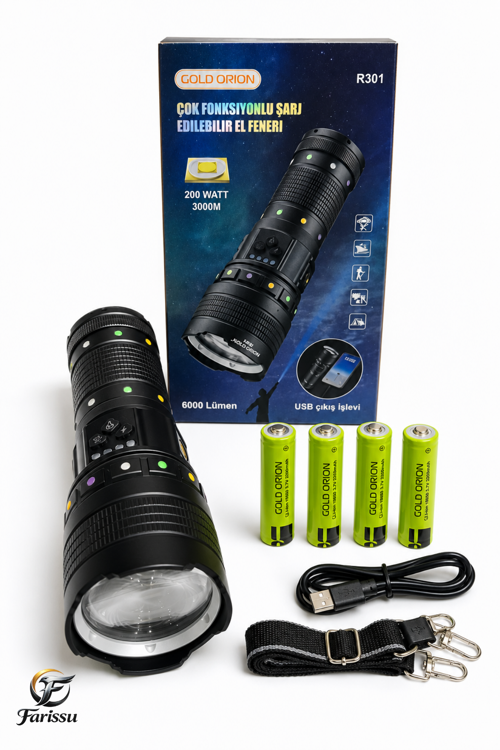 Gold Orion R301 Ultra Güçlü 200W 6000 Lümen Şarjlı El Feneri - 3000m Menzil, 4 Pilli, Powerbank Özellikli