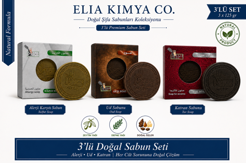 3’lü Doğal Sabun Seti 3x125 g – Kükürtlü Sabun, Katran Sabunu ve Ud Sabunu – Zeytinyağı & Defne Yağlı Cilt Bakım Seti