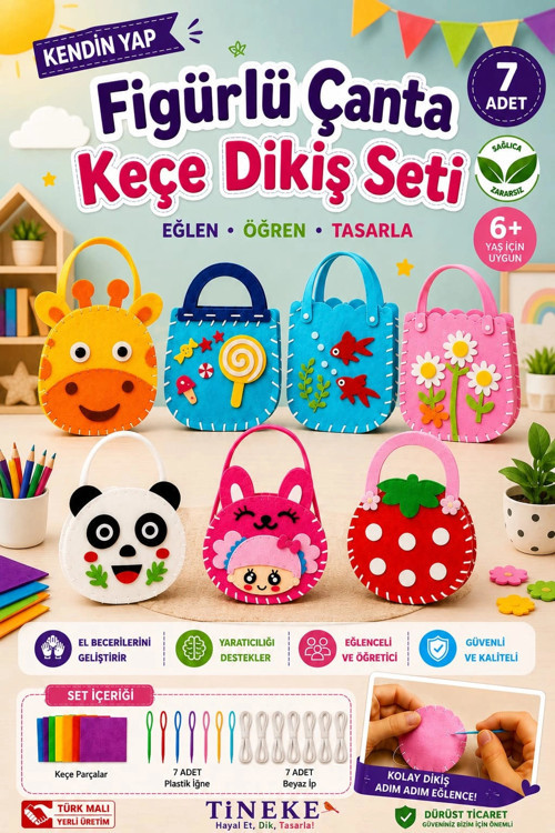 Figürlü Keçe Dikiş Seti 7'li Kendin Yap Çanta Yapım Seti Eğitici Hobi Oyuncağı El Becerisi 6+