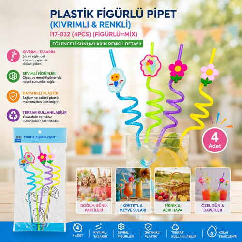 Büro Ev Ofis Mutfağı için 4ADET Renkli Plastik Kıvrımlı Figürlü Pipet Seti