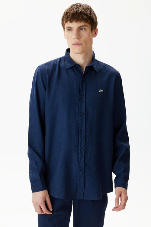Men's Regular Fit Button-Down Collar Linen Shirt Erkek Düğmeli Yaka Keten Gömlek Lacivert