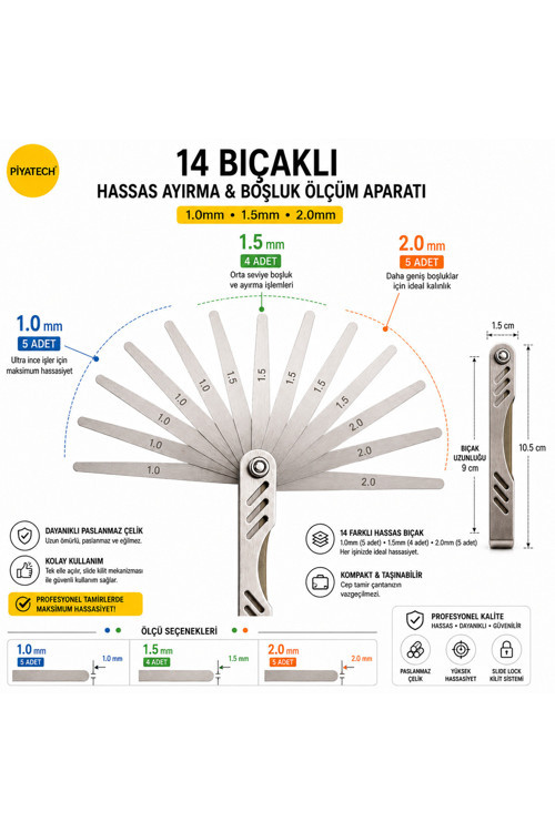 Cep Telefonu Hassas Ekran Ayırma Ve Boşluk Ölçme Aparatı - Paslanmaz Çelik 14 Bıçaklı (1.0 - 1.5 - 2.0 Mm) - Tamir Takım