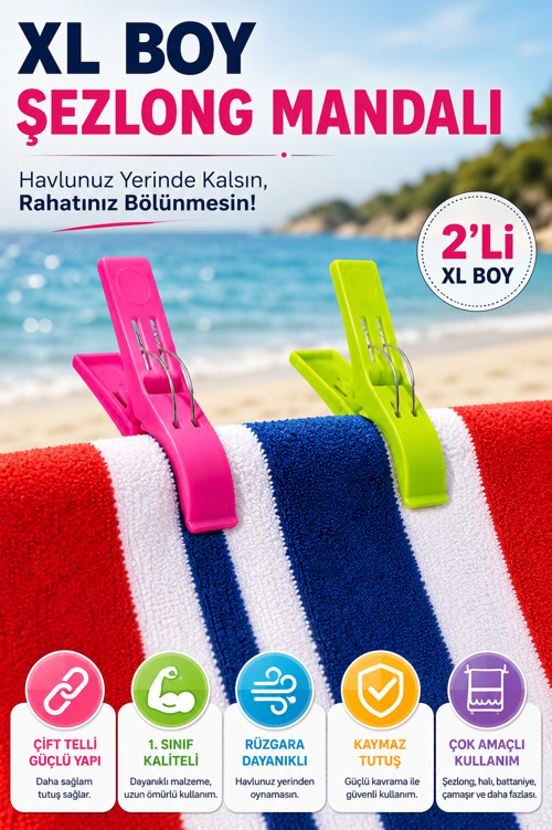 2'li Set XL Boy Şezlong Mandalı Çift Telli Plaj Havlusu Halı Battaniye Çamaşır Mandalı Karışık Renk