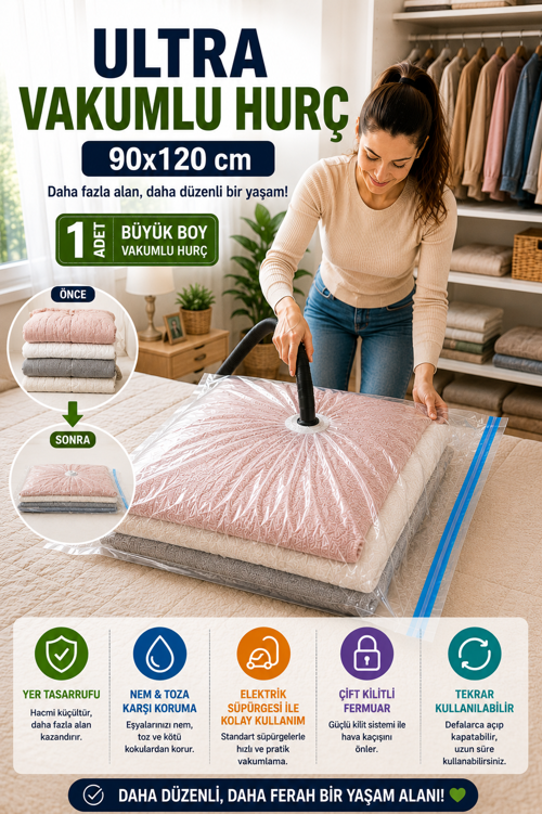 Ultra Boy Vakumlu Hurç 90x120 cm 1 Adet Çift Kilitli Vakum Poşeti Yorgan Battaniye Saklama Çuvalı