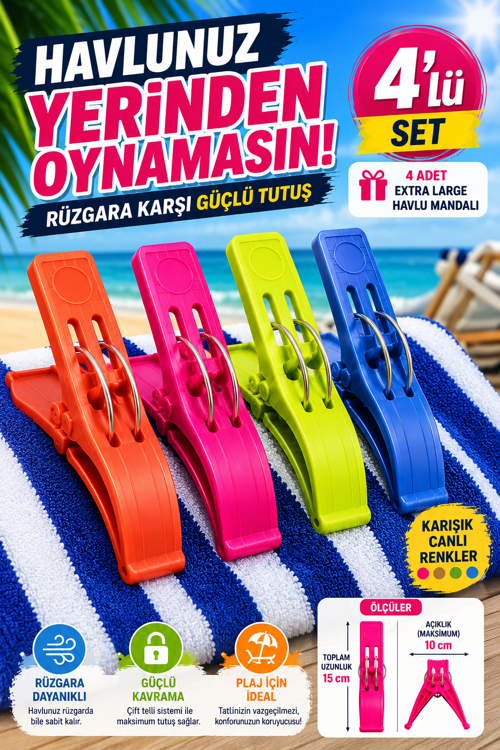 4'lü Set XL Boy Şezlong Mandalı Çift Telli Plaj Havlusu Halı Battaniye Çamaşır Mandalı Karışık Renk