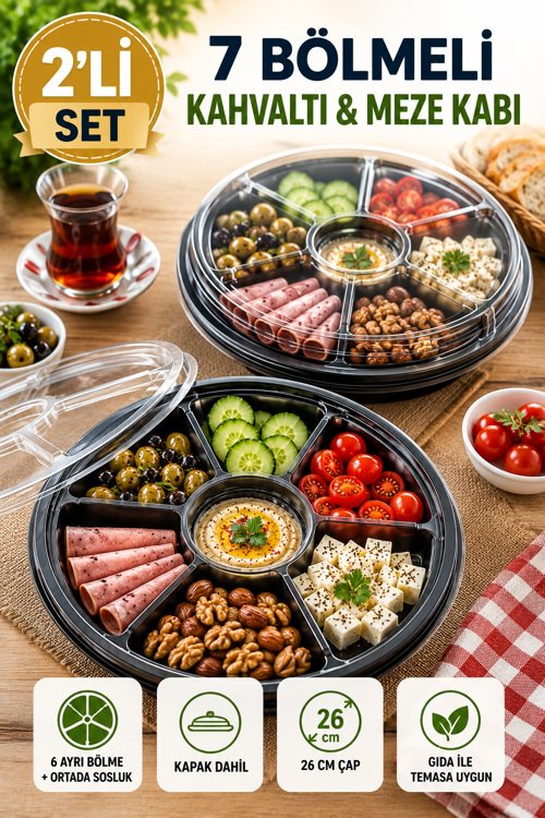 2'li Set 7 Bölmeli Kahvaltı Meze Kabı Kapaklı 26 cm Tek Kullanımlık Salata Sunum Kabı Seti