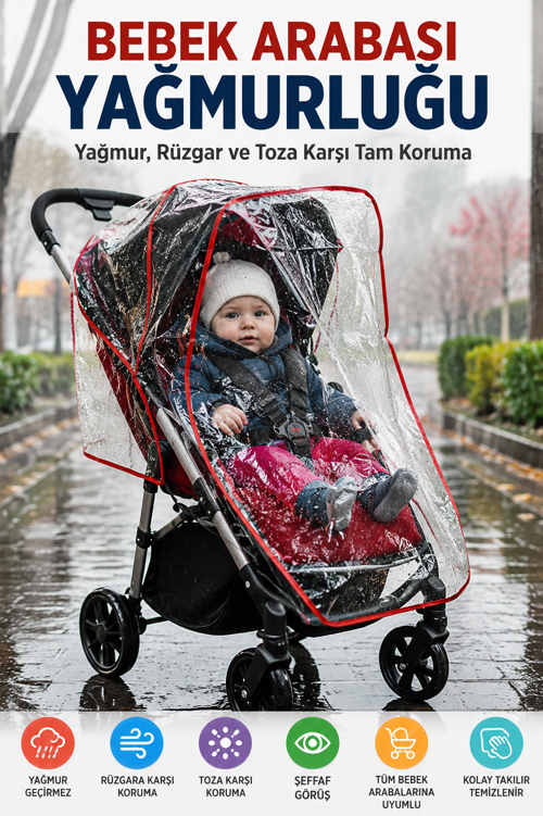 Kırmızı Şeritli Universal Bebek Arabası Yağmurluğu Şeffaf PVC Yağmur Rüzgar Toz Koruyucu Kılıf
