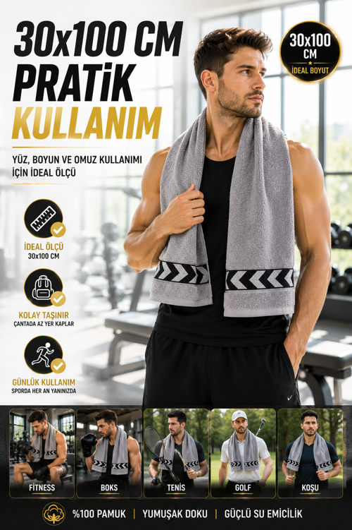 Gri 30x100 cm %100 Pamuk 450 GSM Spor Havlusu Fitness Gym Boks Tenis Golf Yüz Havlusu Yıkanabilir