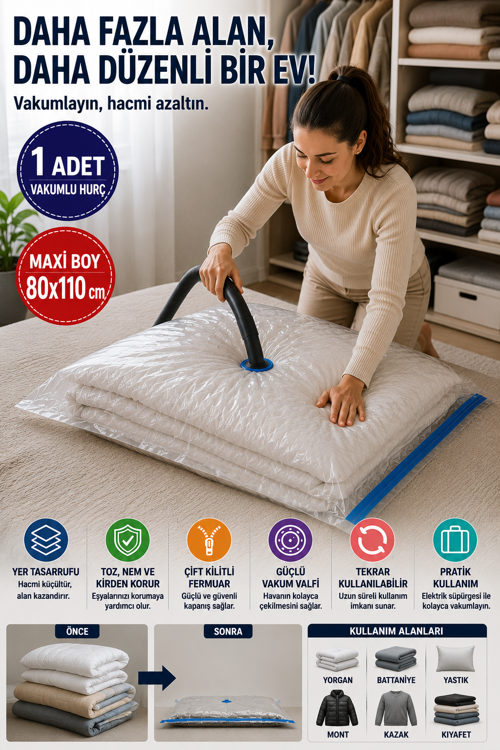 Maxi Boy Vakumlu Hurç 80x110 cm 1 Adet Çift Kilitli Vakum Poşeti Yorgan Battaniye Saklama Çuvalı