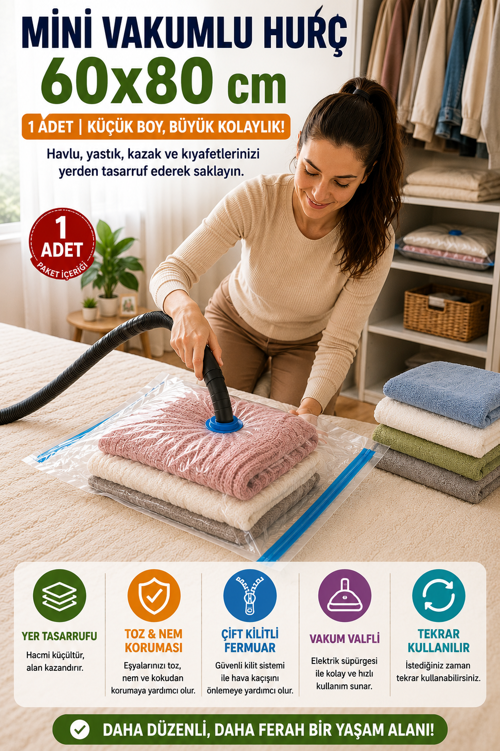 Mini Boy Vakumlu Hurç 60x80 cm 1 Adet Vakum Poşeti Çift Kilitli Saklama Torbası Şeffaf Düzenleyici