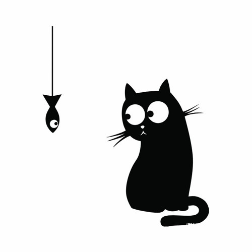 Kedi ve Balık Buzdolabı Stickerı – Siyah Siluet Tasarım 17x17cm