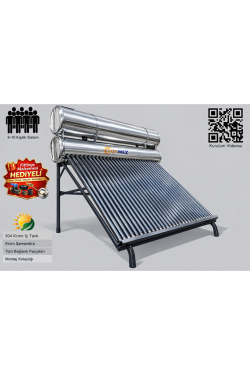 Solar KROM KILIF 36x Vakum Tüplü Güneş Enerjisi Sıcak Su Sistemi (AÇIK DEVRE DOĞAL AKIŞLI)
