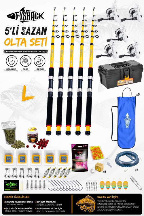 Full Set Profesyonel 5'li Sazan Olta Seti - L - Kırılmaz Kamış - 3.30M/50-GR