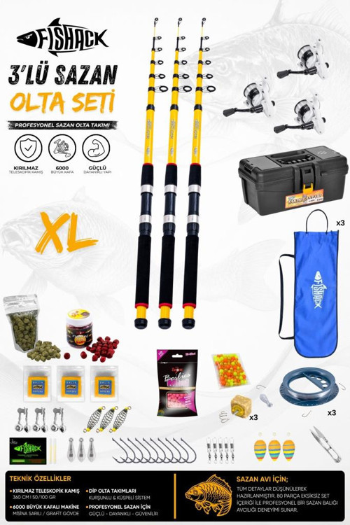 Full Set Profesyonel 3'lü Sazan Olta Seti - XL - Kırılmaz Kamış - 3.60M/50GR