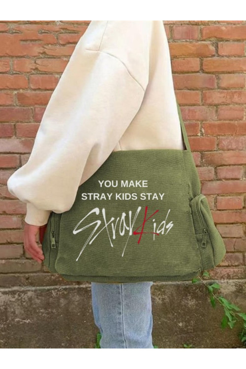 Kpop Serisi Stray Kids Baskılı Unisex Hakı Postacı Çantası
