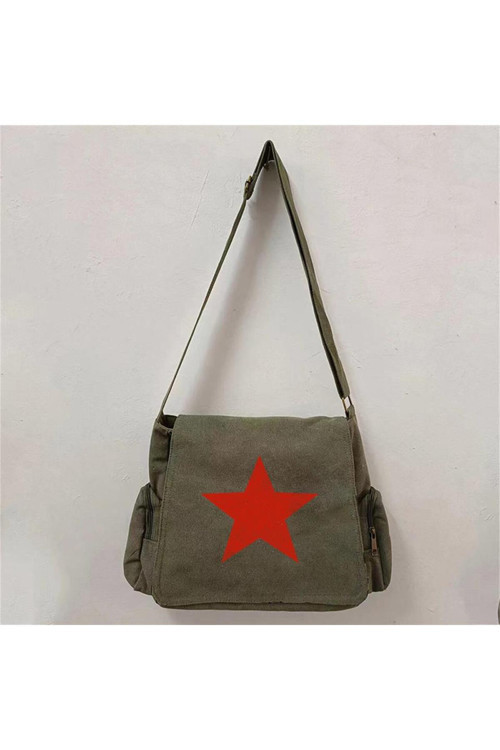 LAGOM MODA Red Star Baskılı Unisex Yeşil Postacı Çantası