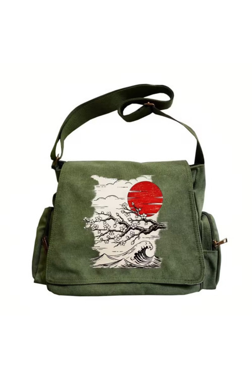 Vintage Sakura Baskılı Unisex Haki Postacı Çantası