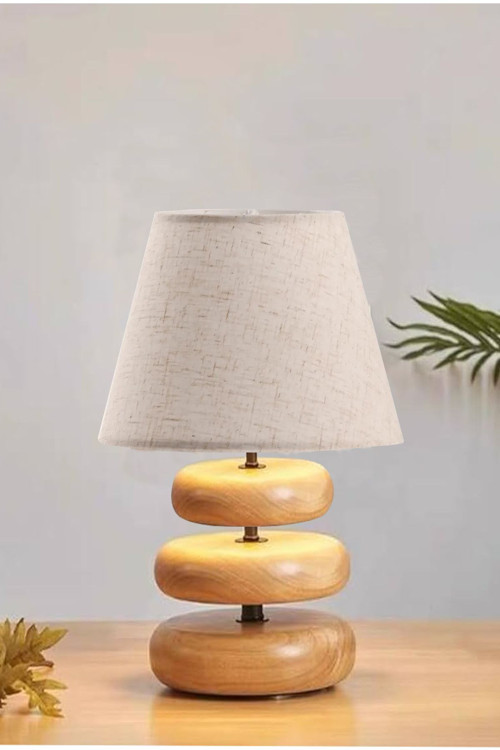 Round Ahşap Ayaklı Keten Abajur