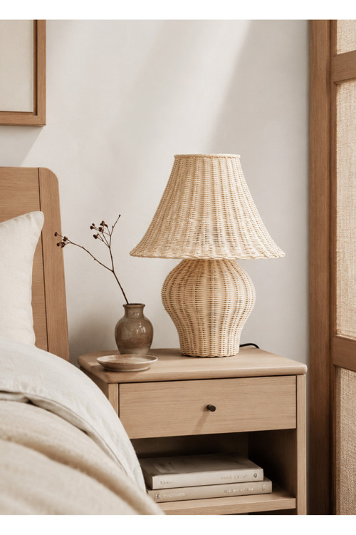 Rattan Bambu Abajur Aydınlatma Kablolu Rattan Başlık Rattan Gövde