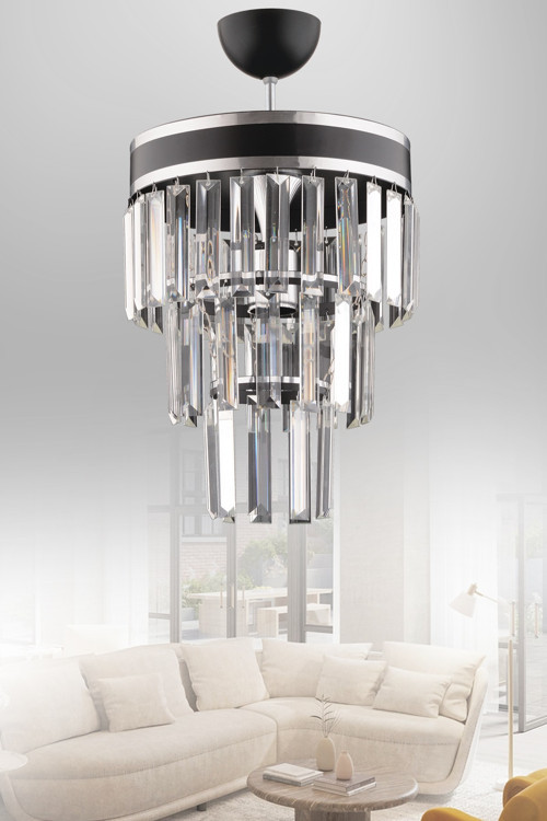 Çağla Tekli Siyah Üç Katlı Kristal Modern Aydınlatma