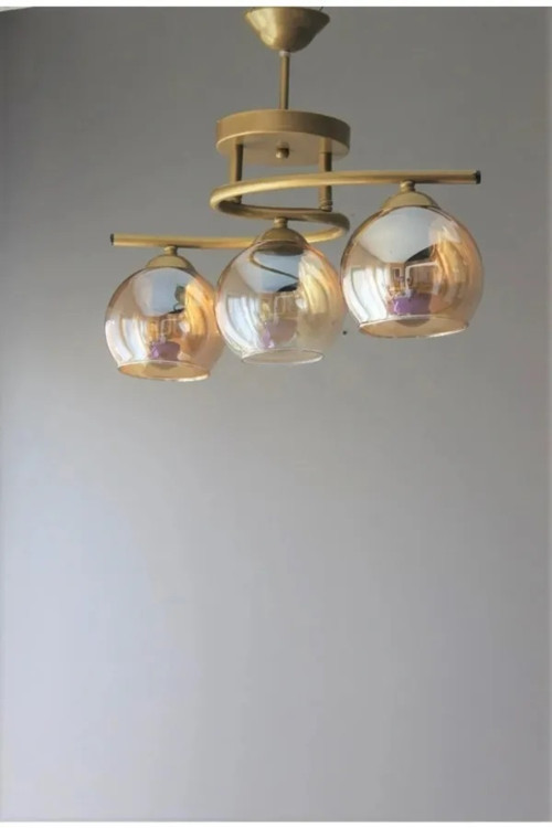Fuji Modern Dekoratif Salon - Mutfak - Yatak Odası Eskitme Renk Bal Camlı 3 Lü Avize