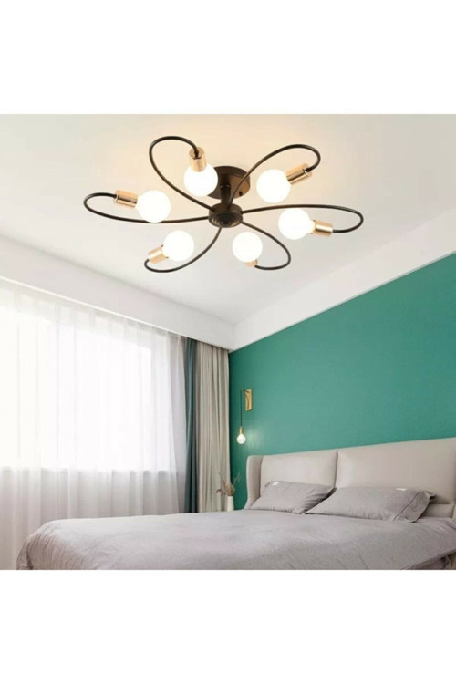 Mars Spor Modern Gold Detaylı Siyah Tavan Plofonyer 6 Lı Avize(AMPULSÜZ)