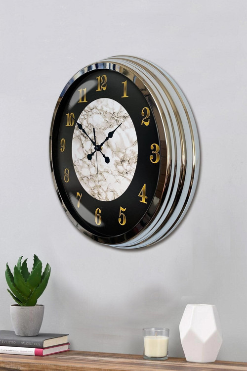 Duvar Saati 40 cm Metal Krom Renk Mermer Desen Modeli