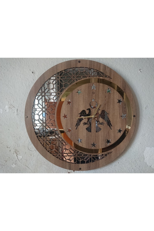50cm Duvar Saati Ahşap Aynalı Selçuklu Motifli dekoratif