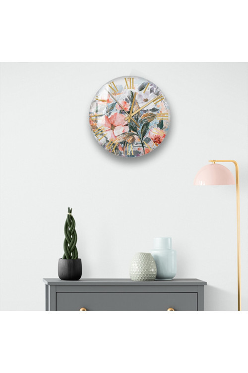 İskandinav Çok Renkli Baskılı Cam Çiçekli Duvar Saati Çok Renkli 30 x 30 Metal Yuvarlak