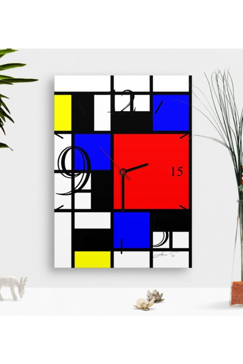 Kişiye Özel Mondrian Ahşap Tablo Duvar Saati-4