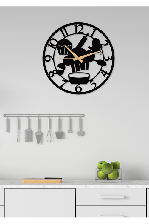 Mutfak - Cafe - Restoran Rakamlı Metal Siyah Duvar Saati - Hediye Saat - 50x50 Cm