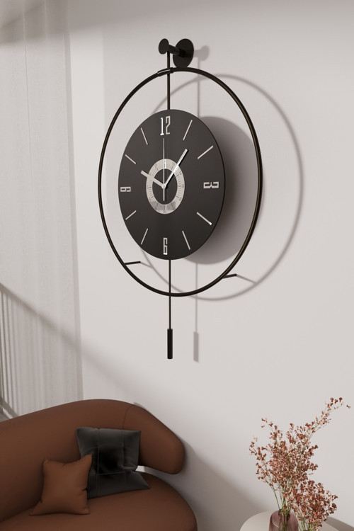 Timelles Siyah-Siyah Göbek - Büyük Boy (50x75 Cm ) (Quartz Mekanizmalı ) , Metal Duvar Saati