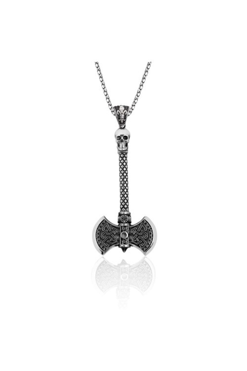 Unisex 925 Ayar Gümüş Kuru Kafa Figürlü İkili Balta Model Kolye AKL1000104