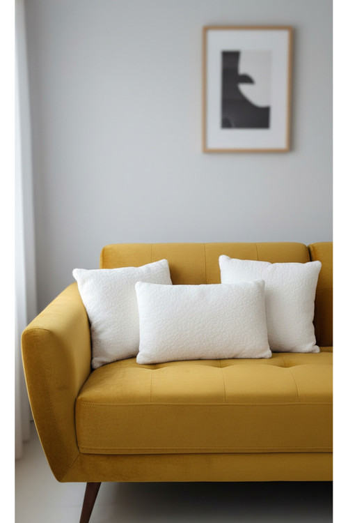 3- Lü Kare Takım Kırlent / Yastık 2 Kenar Ekru / 1 Orta Ekru ( 42cm / 42cm)-(50cm / 30cm)